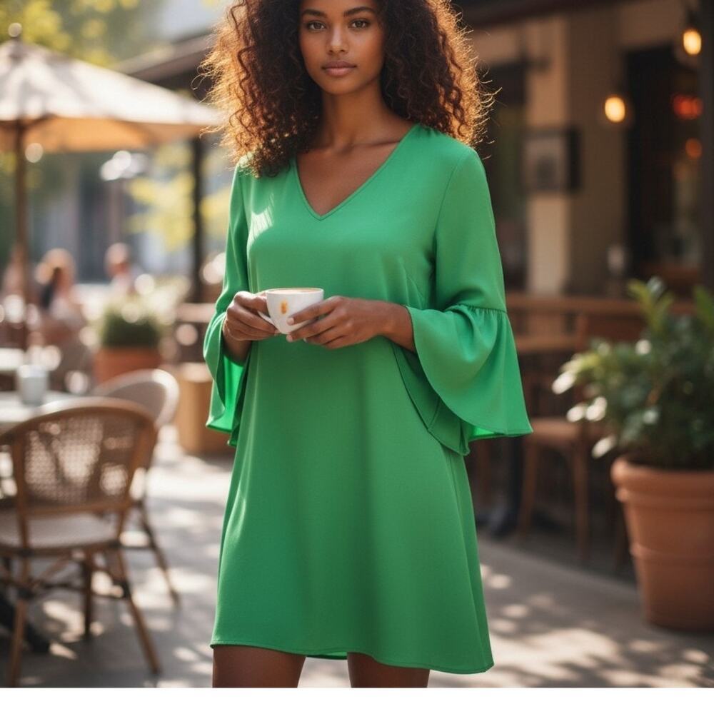 Ralph Lauren‎ Green Shift Dress Sz 4 3/4 length Bell Sleeves V Neck